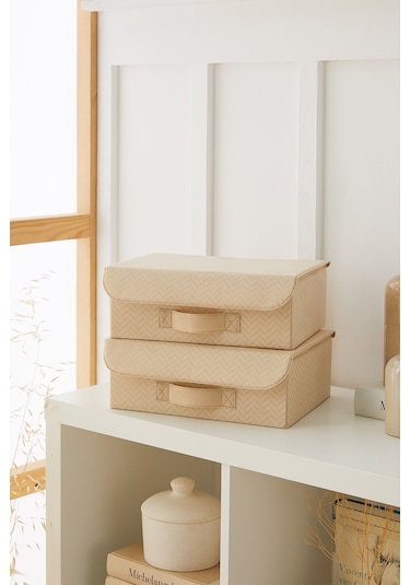 Ocean Home Textile 2'li Bej Balıksırtı Kapaklı Kutu Set 30 x 23 x 11 cm