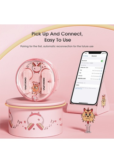 Onıkuma T301 Şeffaf Karikatür Kablosuz Bluetooth Kulaklık Pembe