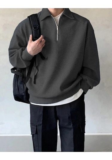 Genius Store Erkek Polo Yaka Oversize Yarım Fermuar Sweatshirt Füme