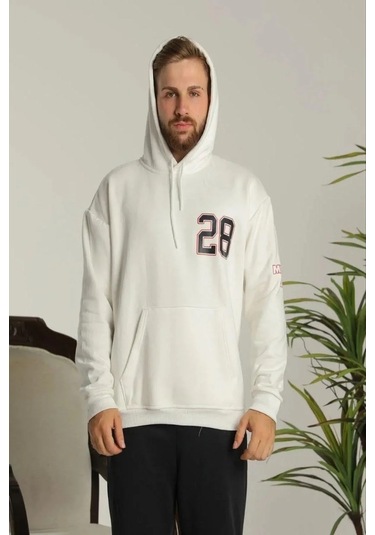 Erkek Oversize Üç İplik Kapüşonlu Sweatshirt Sırt Ve Ön Baskılı, Kanguru Cepli, Rahat Kalıp Maskot Beyaz