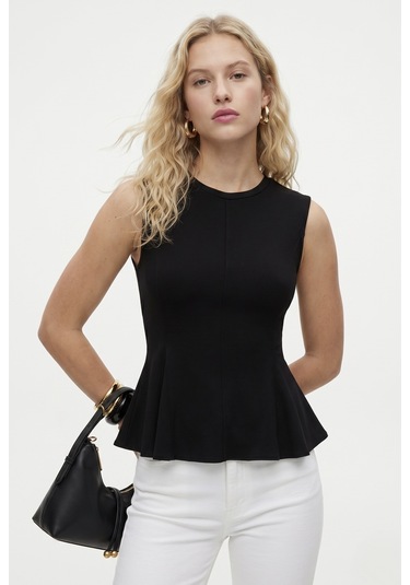 Ritnice Kadın Rowe %100 Pamuk Peplum Sıfır Kol Siyah Bluz