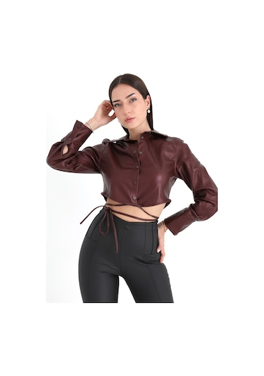 İçi Kadife Bağcıklı Kadın Kısa Deri Gömlek - Bordo-bordo Bordo