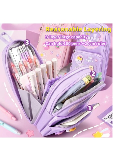 Mufunye Büyük Kapasiteli Kawaii Mor Kalem Kutusu - Sevimli 3 Bölmeli Kırtasiye Düzenleyici Mor