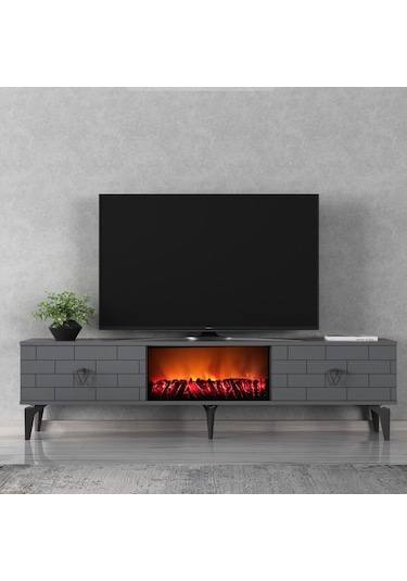 Volcanos Şömineli Tv Sehpası Tv Ünitesi Antrasit