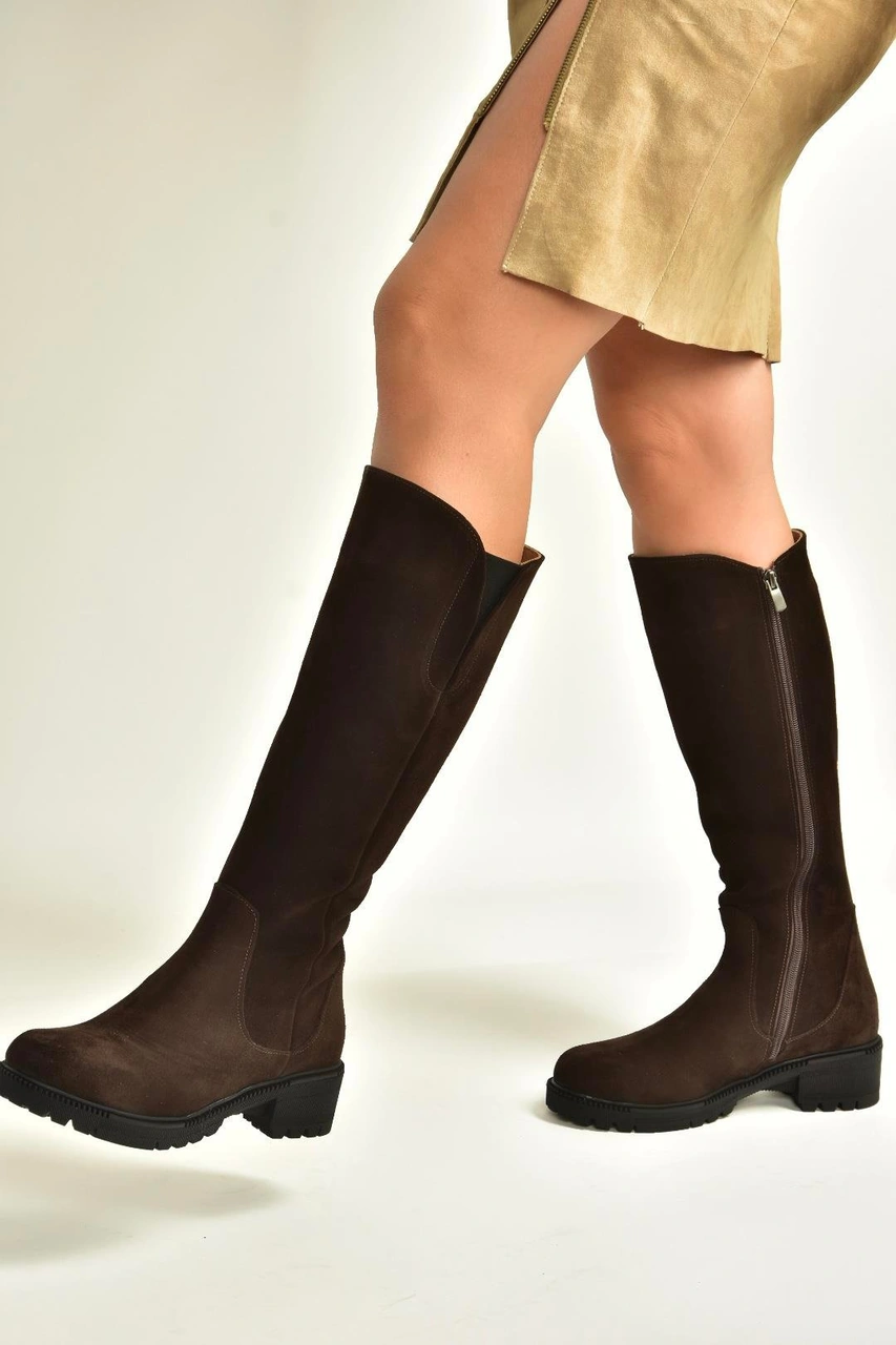 N654226102 Kahverengi Hakiki Deri Süet Günlük Kadın Çizme Kahverengi-süet