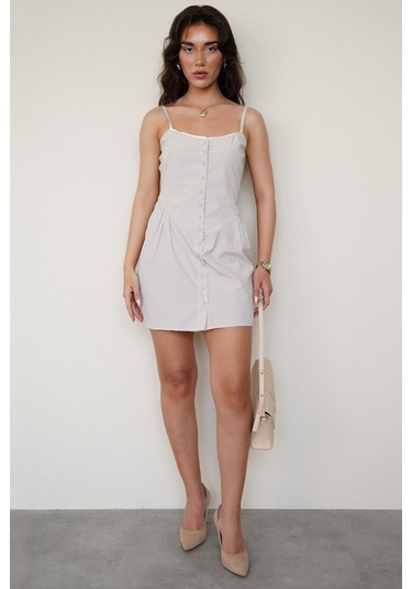 Madmext Bej Pötikareli Kadın Mini Elbise Mg2387 Bej