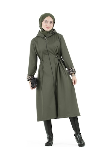Sevitli Leopar Detaylı Trençkot-haki-2465-haki Haki