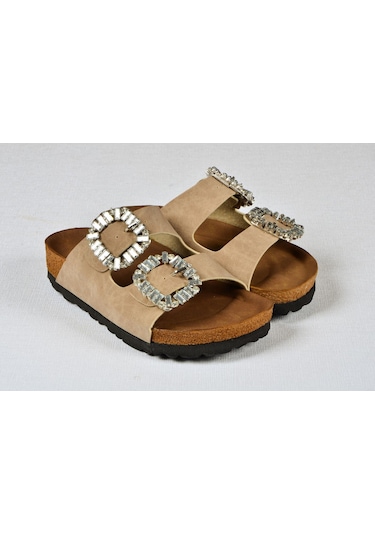 Kız Çocuk Mantar Tabanlı Çift Tokalı Ortopedik Birkeen Arizona Taşlı Terlik Bej