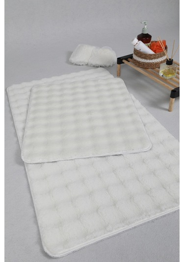 Modern Bubble Yıkanabilir Kaymaz Peluş Banyo Paspası Halısı 2'li Klozet Takımı 50x80-50x40cm Krem