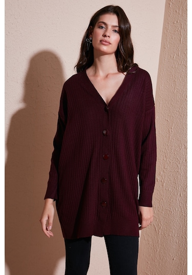 Lela V Yaka Düğmeli Uzun Triko Bayan Hırka 4616040Y Bordo