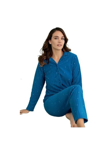Minel Collection Kadın Pijama Takımı Uzun Kollu Yumuşak Dokulu Es Saks Mav