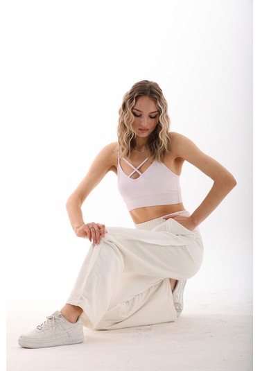 Kallima Ekru Beyaz Tasarım Cepli Şeritli Üç İplik Eşofman Altı Beyaz