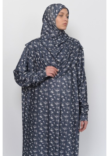 Pratik Tek Parça Çiçek Desenli Kollu Tak Çıkar Başörtülü Likralı Tesettür Namaz Elbisesi 990-0201 Siyah Antrasit