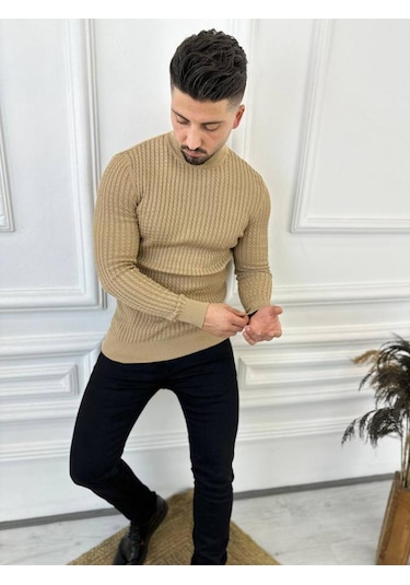 Kazak Slim Fit Tüylenmez Naturel Pamuk Triko Boğazlı Balıkçı Yaka Kazak Kahverengi