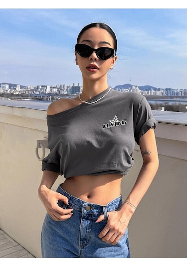Füme Oversize Butterflies T-shirt - Oversize Baskılı Gri