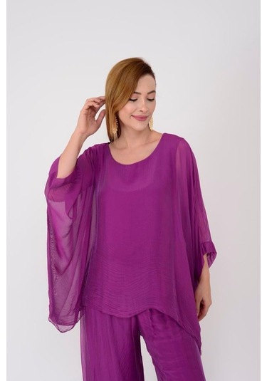 İtalyan Yarasa Kol İpek Bluz & Pantolon Takım-8767 Leylak Çok Renkli