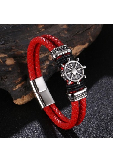 Erkekler İçin Hakiki Deri Bileklik Punk Örgülü İp Çelik Düğme Erkek Bileklik Takı Doğum Günü Hediyesi Kırmızı
