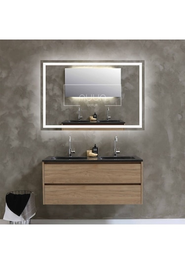 Nuun Dekor 80x60cm Beyaz Ledli Dekoratif Banyo Aynası Kumlamalı Duvar Aynası Trafolu Beyaz