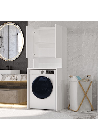 Mobilya Çamaşır Makinesi Dolabı 3 Raflı Kapaklı Banyo Dolabı Beya Beyaz