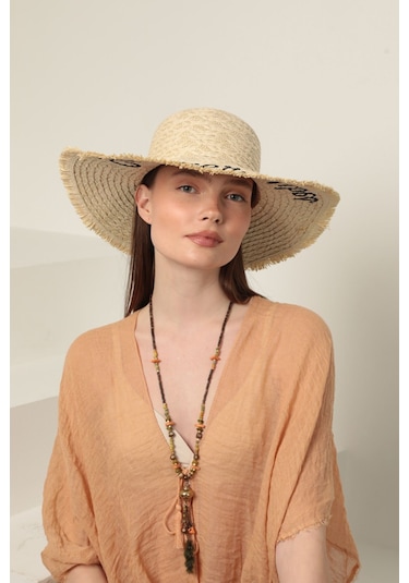 Bej Summer Vibes Yazılı Hasır Şapka Bej