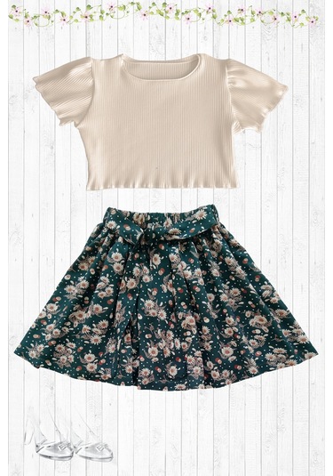 Çocuk Etekli Takım, Papatya Desenli Etek - Sütlü Kahve Crop Skahve-papatya Krem - Yeşil