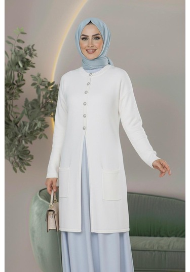 Yeni Sezon Dizboy Kadın Ceket -sakal İplik, Yaka Düğmeli, İki Cepli, Günlük, Şık Kombinler İçin Beyaz