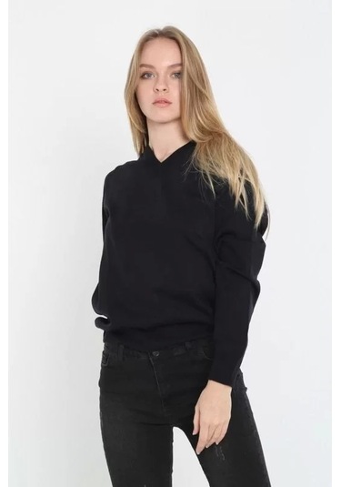 Blacktree Unisex Uzun Kol V Yaka Triko Kazak - Siyah Siyah