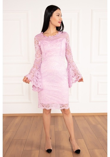 Kalopya Kol Volanlı Kısa Dantel Abiye Elbise 13034 Pembe