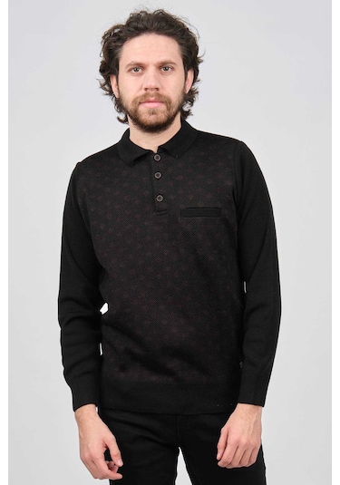 Çizgi Triko Erkek Cep Detaylı Polo Yaka Desenli Kazak 42544226 Siyah Siyah