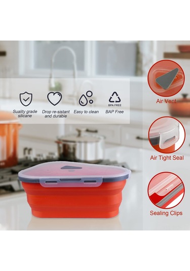 Neevoyu Kırmızı Gıda Kalitesi Silikon Pizza Kutusu - Yeniden Kullanılabilir, 5 Bölmeli, Mikrodalga & Bulaşık Makinesine Uygun, Leak-proof, Foldable Turuncu - Kırmızı
