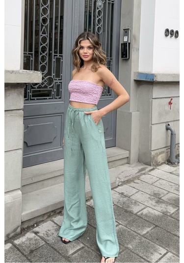 Pembe Keten Karışımlı Bol Kesim Pantolon Nil Yeşili