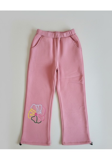 Kız Çocuk Çiçek Nakışlı 3 İplik Şardonlu Eşofman Takımı Pembe