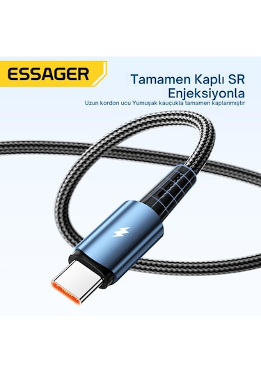 Essager 1 Metre 120w 6a Pd3.1 Usb To Type-c Mega Hızlı Data Şarj Kablosu, Ultra Sağlam Halat Kablo Kopmaz