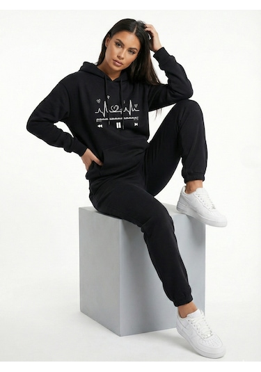 Nevermind Unisex Oversize Kalp Ritmi Baskılı Çift Hoodie Siyah