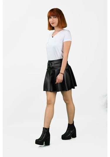 Deri Görünümlü Pileli Mini Etek 001