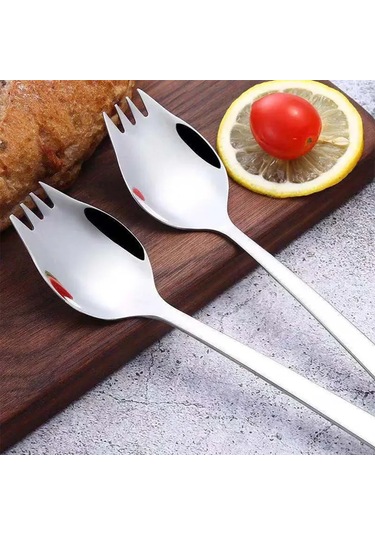 Lemestar 2'li Tuzaklı Çatal Kaşık Seti, 304 Paslanmaz Çelik, Salata Tatlı Kek İçin, Seyahat Kamp Günlük Kullanım, Yemekhane Gereci Gümüş