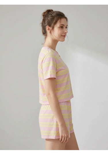 Pembe Sarı Çizgili T-shirt Şort Örme Pijama Takımı Pembe