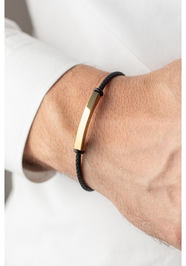 14 Ayar Altın Plakalı Siyah Kauçuk Erkek Bileklik Sarı Altın