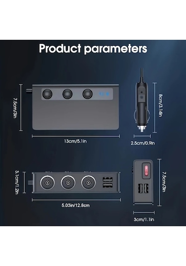 Motion003 Siyah 120w 180w Cift Usb Portlu Gerilim Gostergeli Yuksek Guc Araç Sarj Cihazi 12v 2