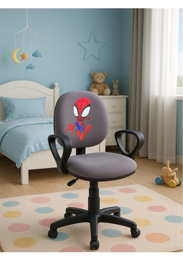 Örümcek Adam Desenli Çocuk Odası Ders Çalışma Sandalyesi Ofis Koltuğu Tekerlekli Çocuk Sandalyesi Gri - Kırmızı