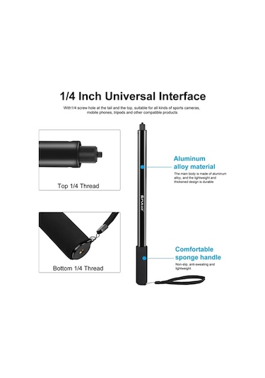 Tongxida Puluz 2m Metal Selfie Çubuğu Insta360 One Rs / X2 / X3 / X4 Siyah