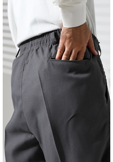 Erkek Beli Lastikli Cepli Hac Ve Umre Kışlık Yün Efektli Şalvar Pantolon - Gri İsr Gri