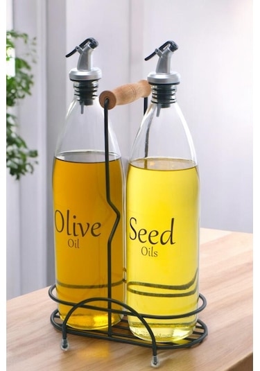 Digithome Aura 2'li Siyah Metal Standlı Ahşap Saplı Yağdanlık Seti Şeffaf Etiketli Cam Yağlık 1000 Ml Cys-19 Siyah