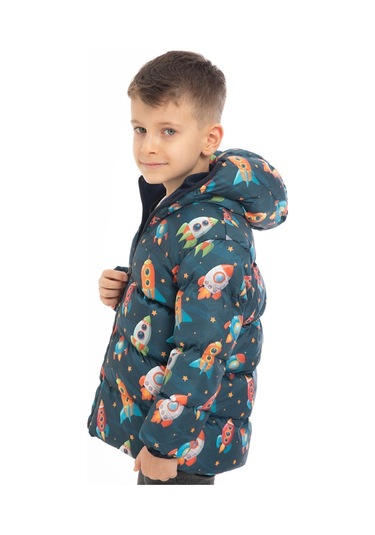 Erkek Çocuk Içi Polarlı Kapüşonlu Roket Desenli Kışlık Şişme Mont Lacivert