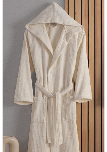 Güvenal Eos Unisex Pamuk Çizgili Kapüşonlu Bornoz Çeyiz Bornoz Seti Sabahlık Hediyelik 6 Krem