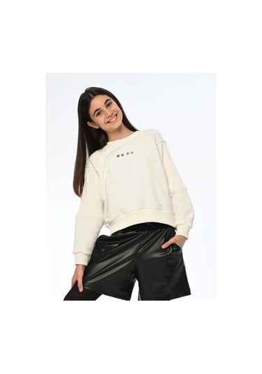Kız Çocuk Real Yazılı Kısa Sweatshirt-13540 Ekru