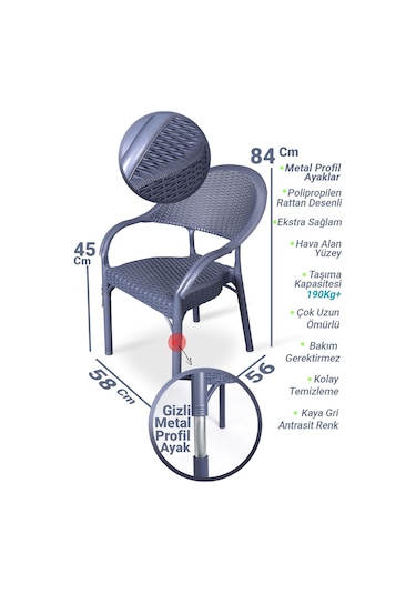 Bambu Pro 90x150cm Rattan Bahçe Balkon Masa Takımı 6 Kişilik Camsız Set Antrasit