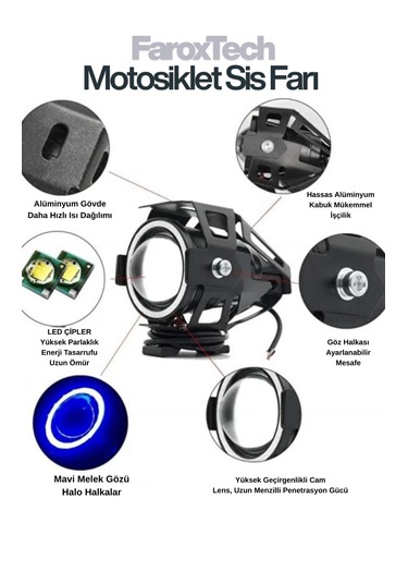 Motosiklet Sis Farı Lensli Projeksiyon Led, Halo Halkalı, Suya Dayanıklı, Evrensel Kelepçe