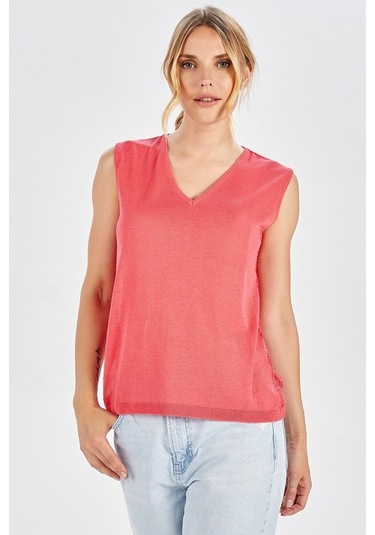 Peraluna Dantel Detaylı Pembe Renk Kolsuz Kadın Triko Bluz