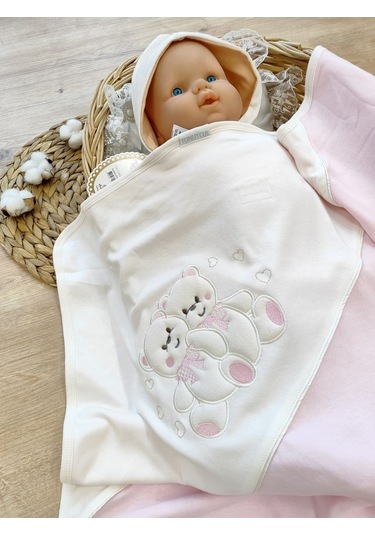 %100 Pamuklu & Mevsimlik Bebek Battaniyesi - Kahverengi & Ayıcık Nakışlı Bebek Örtüsü 80x90 Cm Pembe